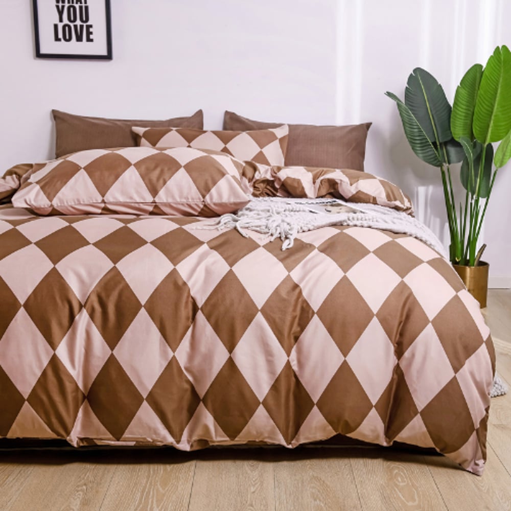 Luna Home Queen/double Size 6 Pieces Bedding Set Without Filler , Rhombs Design Brown Color Luna Home Queen/double Size 6 Pieces Bedding Set Without Filler , Rhombs Design Brown Color