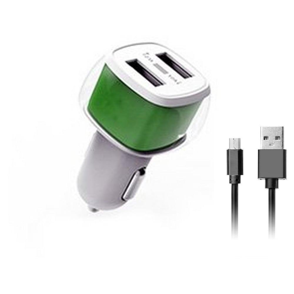 E-Strong Dual USB Car Charger With Micro USB Cable White/Green 2.4