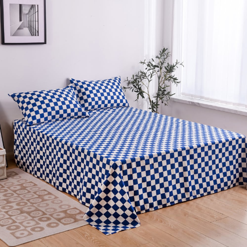 Luna Home 3 Pieces Bedsheet Set, Blue Color Checkered Design Luna Home 3 Pieces Bedsheet Set, Blue Color Checkered Design