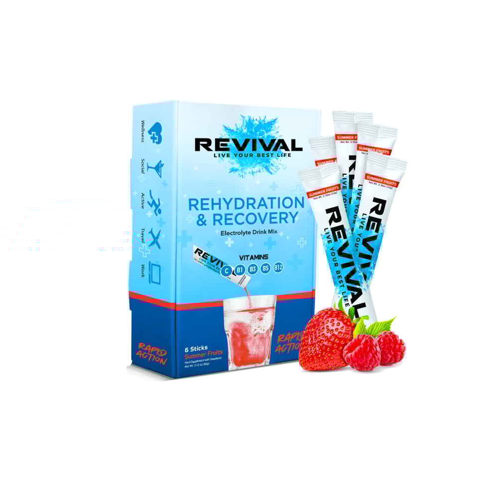 Revival Rapid Rehydration, Electrolytes Powder - High Strength Vitamin C, B1, B3, B5, B12 Supplement Sachet Drink, Effervescent Electrolyte Hydration Tablets - 6 Summer Fruits Revival Rapid Rehydration, Electrolytes Powder - High Strength Vitamin C, B1, B3, B5, B12 Supplement Sachet Drink, Effervescent Electrolyte Hydration Tablets - 6 Summer Fruits