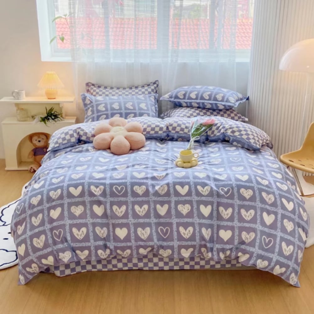 Luna Home Single Size 4 Pieces Bedding Set Without Filler, Heart Checkered Design Luna Home Single Size 4 Pieces Bedding Set Without Filler, Heart Checkered Design