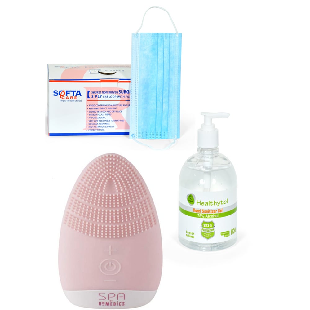 Homedics Blossom Mini Silicone Facial Cleansing Brush FAC001 Softacare 3 Ply Face Mask & Healthytol Hand Sanitizer Gel Bundle Pack -MWBOPP4