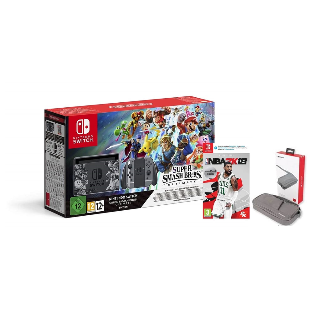 Nintendo Switch Console Super Smash Bros Ultimate Console W/Grey JoyCon + NBA 2K18 Game + Accessory