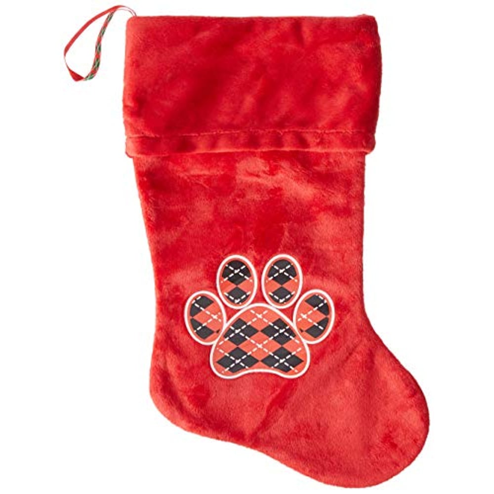 Mirage Pet Products Argyle Paw Red Screen Print Velvet Christmas Stocking Red, 18