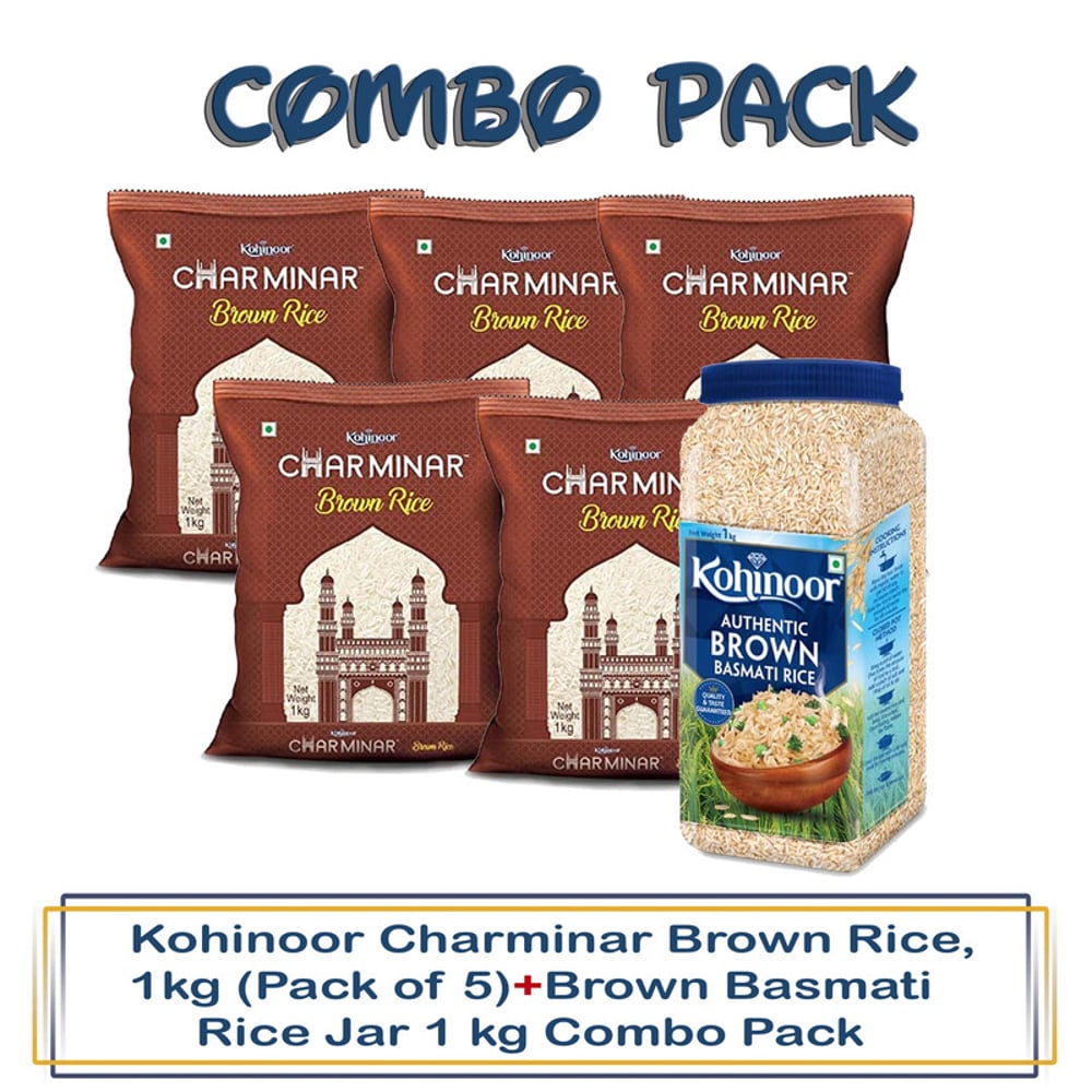 Kohinoor Charminar Brown Rice, 1kg (Pack of 5)+Brown Basmati Rice Jar 1 kg Combo Pack