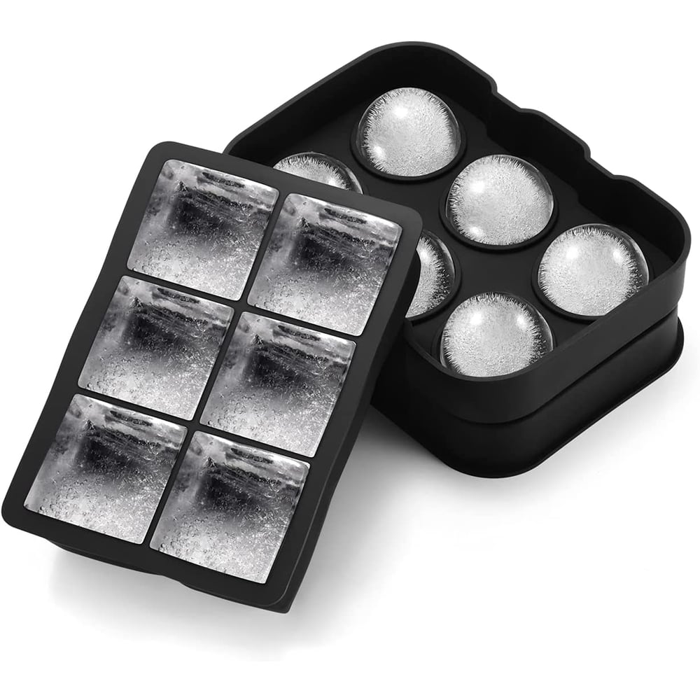 Omorc Sphere Ice Ball Maker 2-pack Ice Cube Trays Lid & Large Square Molds - Reusable, Black