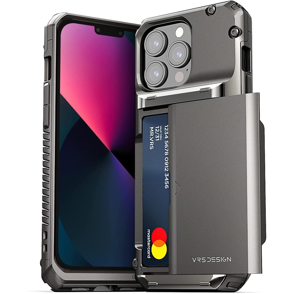 Vrs Design Damda Glide Pro Designed For Iphone 13 Pro Case Cover Wallet [semi Automatic] Slider Credit Card Holder Slot [3-4 Cards] - Metal Black