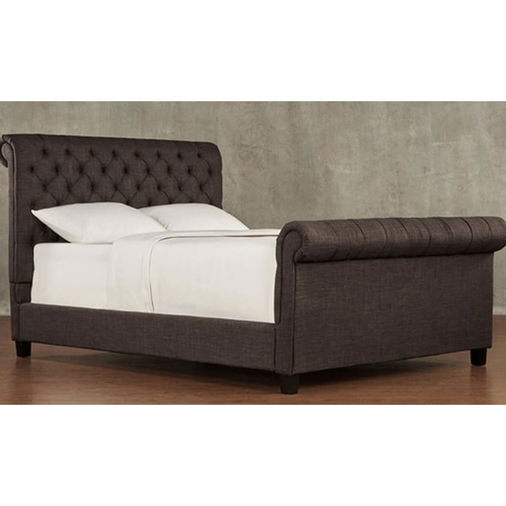 Oxford Rolled Top-Tufted Sleigh Bed Frame Queen with Mattress Brown
