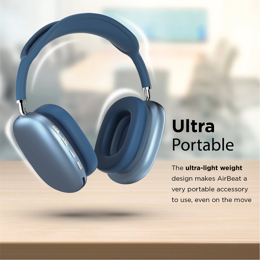Promate Wireless Bluetooth Headphones, Ergonomic Over-ear Adjustable Bluetooth 5.0 Headset With Mic, Fm Radio, Tf Card Slot And Wired Mode 3.5mm Jack For Iphone 12, Gym, Travel, Office, Airbeat Blue