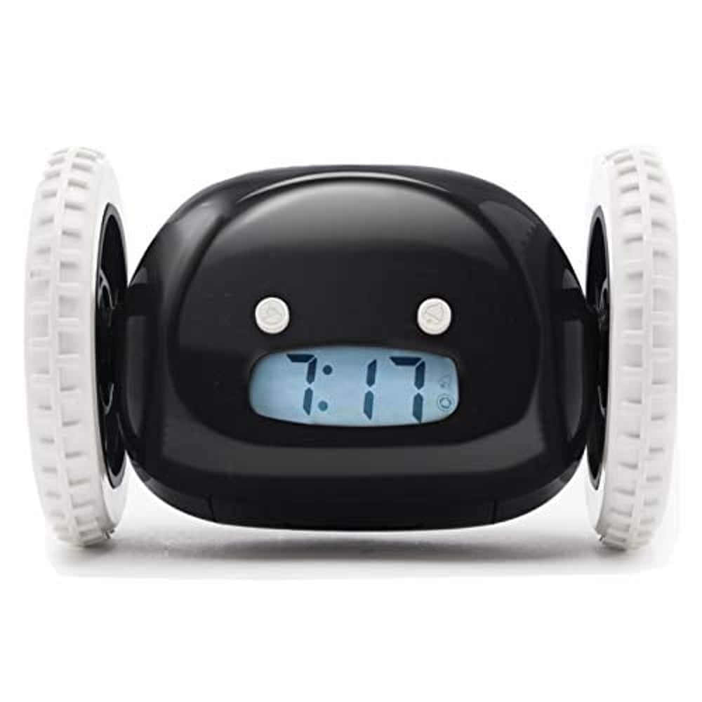 Clocky Alarm Clock On Wheels (Original) |Extra Loud For Heavy Sleeper (Adult Or Kid Bed-Room Robot Clockie) Funny, Rolling, Run-Away, Moving, Jumping (Black)