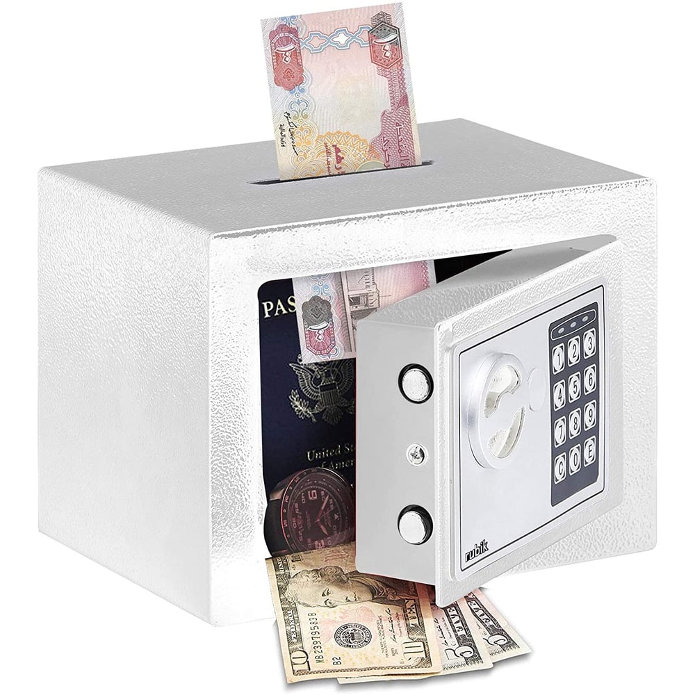 Rubik Mini Cash Deposit Drop Slot Safe Box with Key and Pin Code Lock (23x17x17cm) White