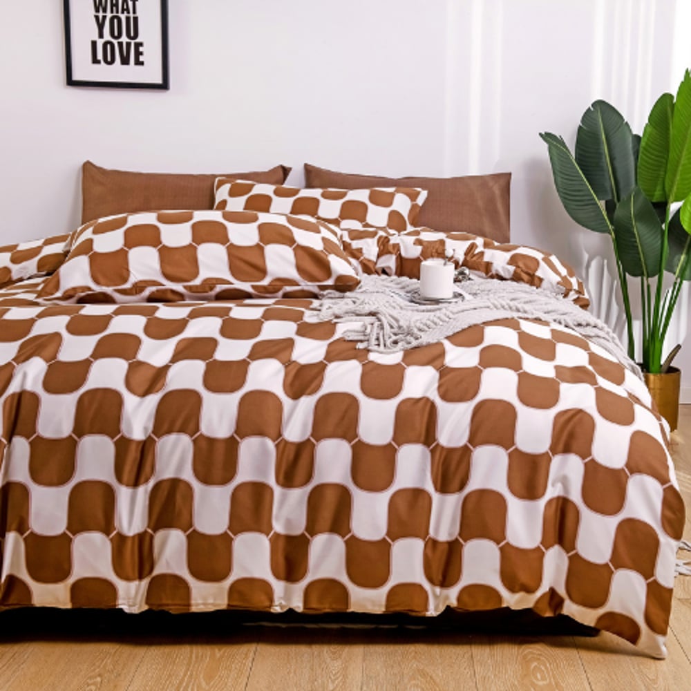 Luna Home Single Size 4 Pieces Bedding Set Without Filler, Wave Design Brown Color