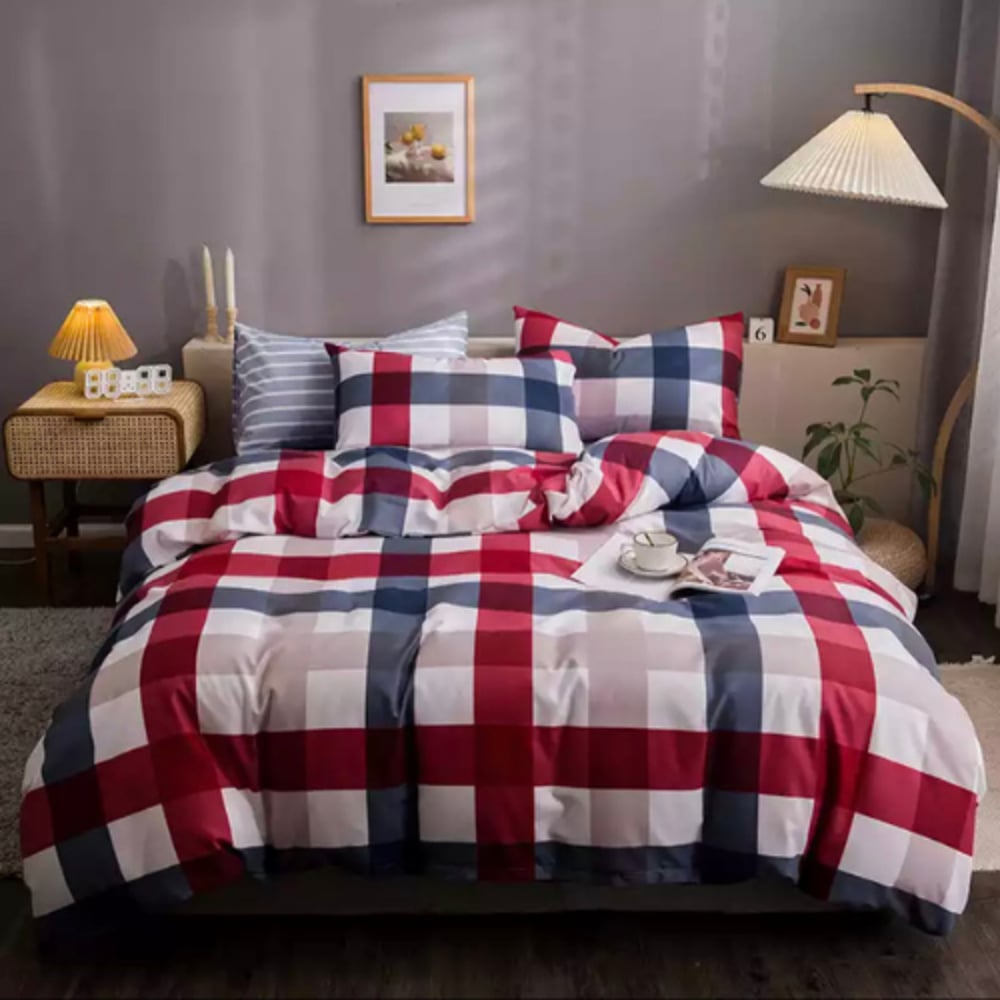 Luna Home Queen/double Size 6 Pieces Bedding Set Without Filler, Red And Blue Color Checkered Design