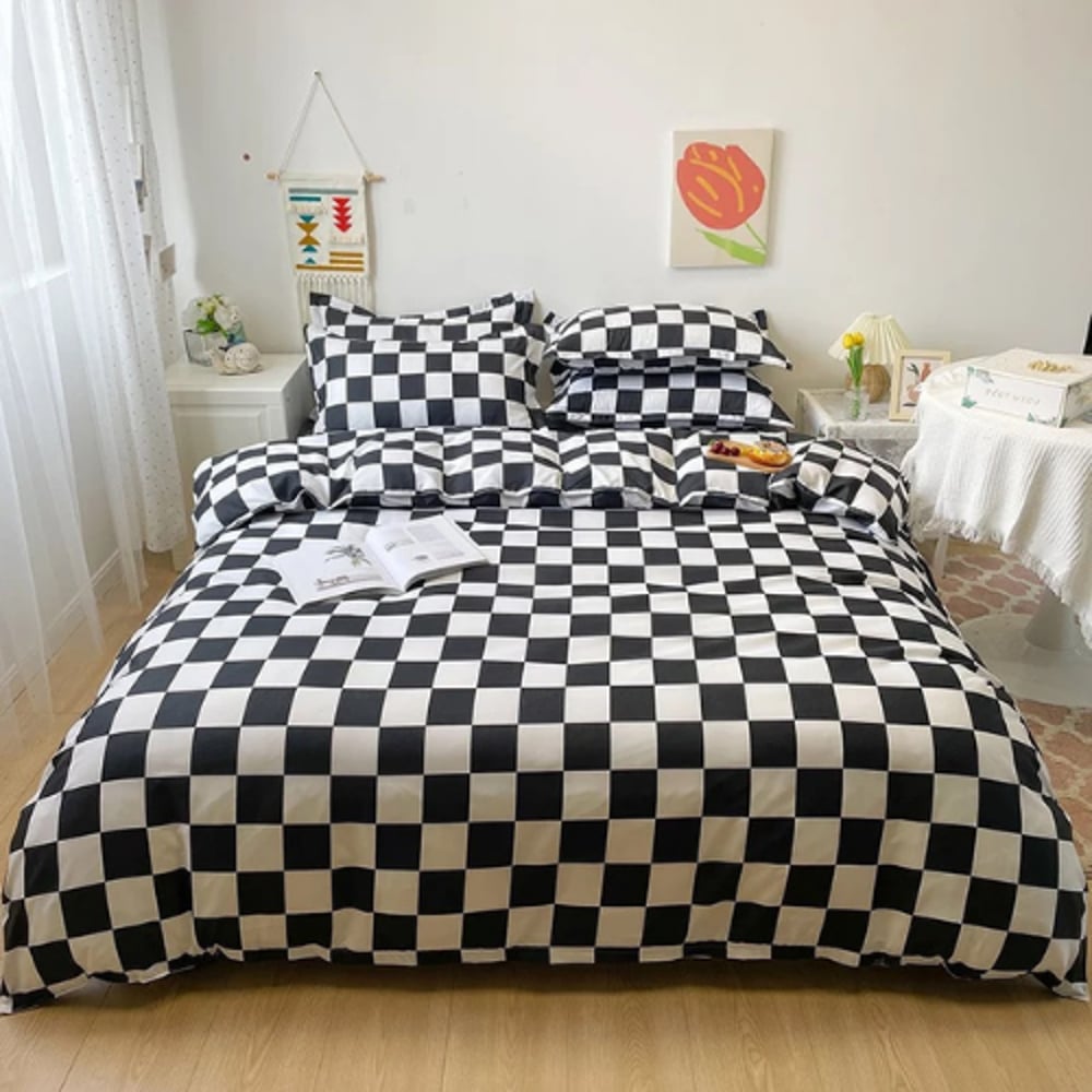 Luna Home Single Size 4 Pieces Bedding Set Without Filler, Black And White Checkered Design Luna Home Single Size 4 Pieces Bedding Set Without Filler, Black And White Checkered Design