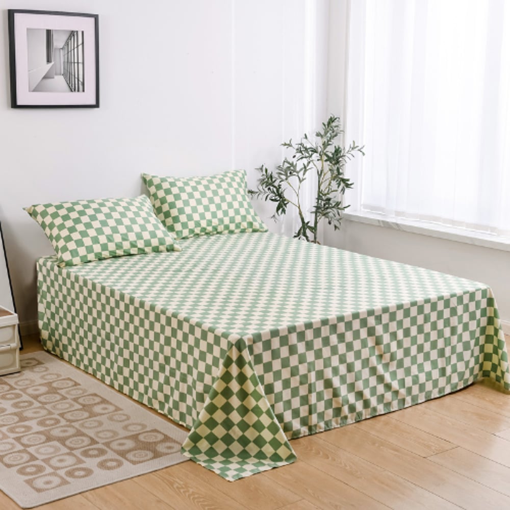 Luna Home 3 Pieces Bedsheet Set, Green Color Checkered Design