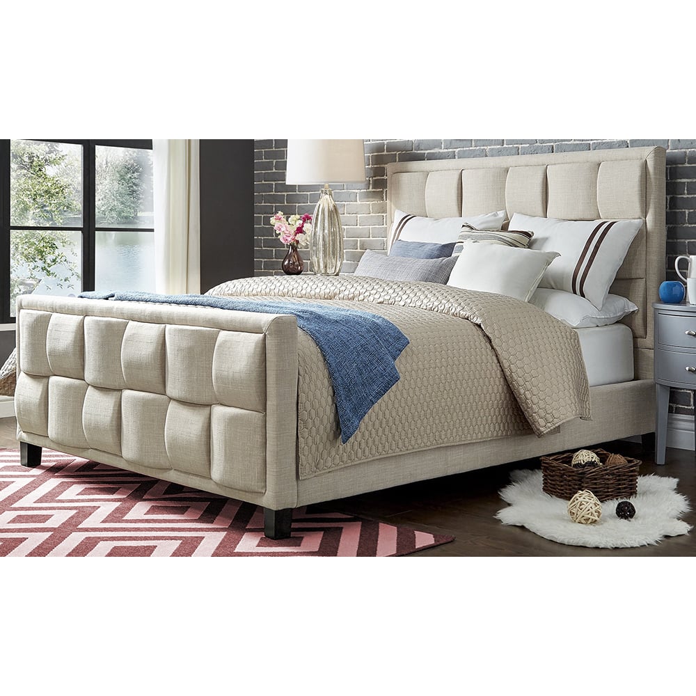Upholstered Cotton and Polyester Bed Frame King without Mattress Beige Upholstered Cotton and Polyester Bed Frame King without Mattress Beige