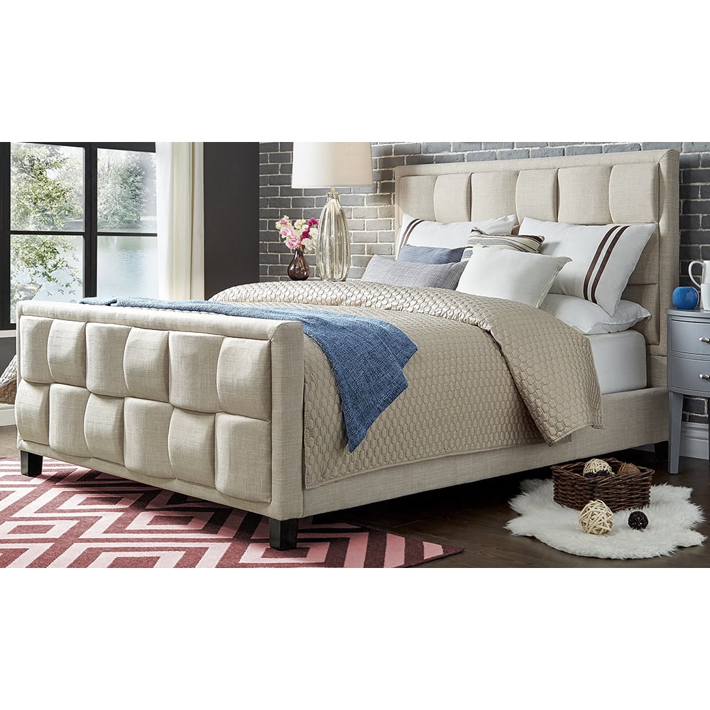 Upholstered Cotton and Polyester Bed Frame King without Mattress Beige