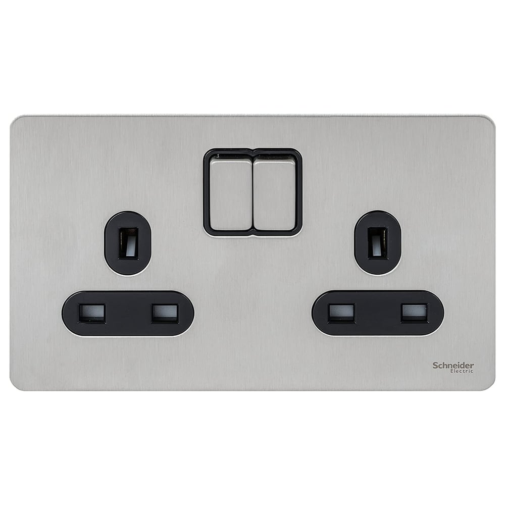 Schneider Electric Ultimate Screwless Flat Plate - Double Switched Power Socket, 13a, Gu3420bss, Stainless Steel With Black Insert