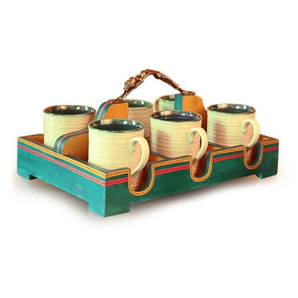 Ocean Blue Handpainted Ceramic Cup Set & Holder With Dhokra Art