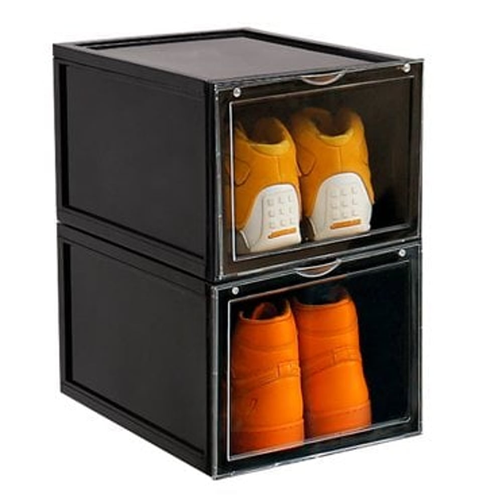 1CHASE Shoe Storage Box, Stackable Storage Organizer Boxes Drop Front - Black (2 Box Set)