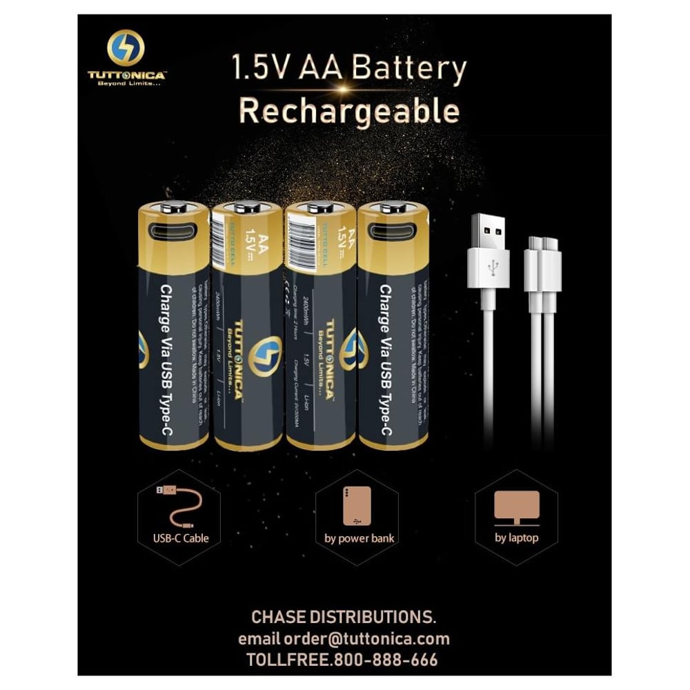 Tuttonica pack of 4 AA Rechargeable battery 1.5v through the type-c cable with 2400mWh battery capacity up tp 1200 times can recharge Tuttonica pack of 4 AA Rechargeable battery 1.5v through the type-c cable with 2400mWh battery capacity up tp 1200 times can recharge