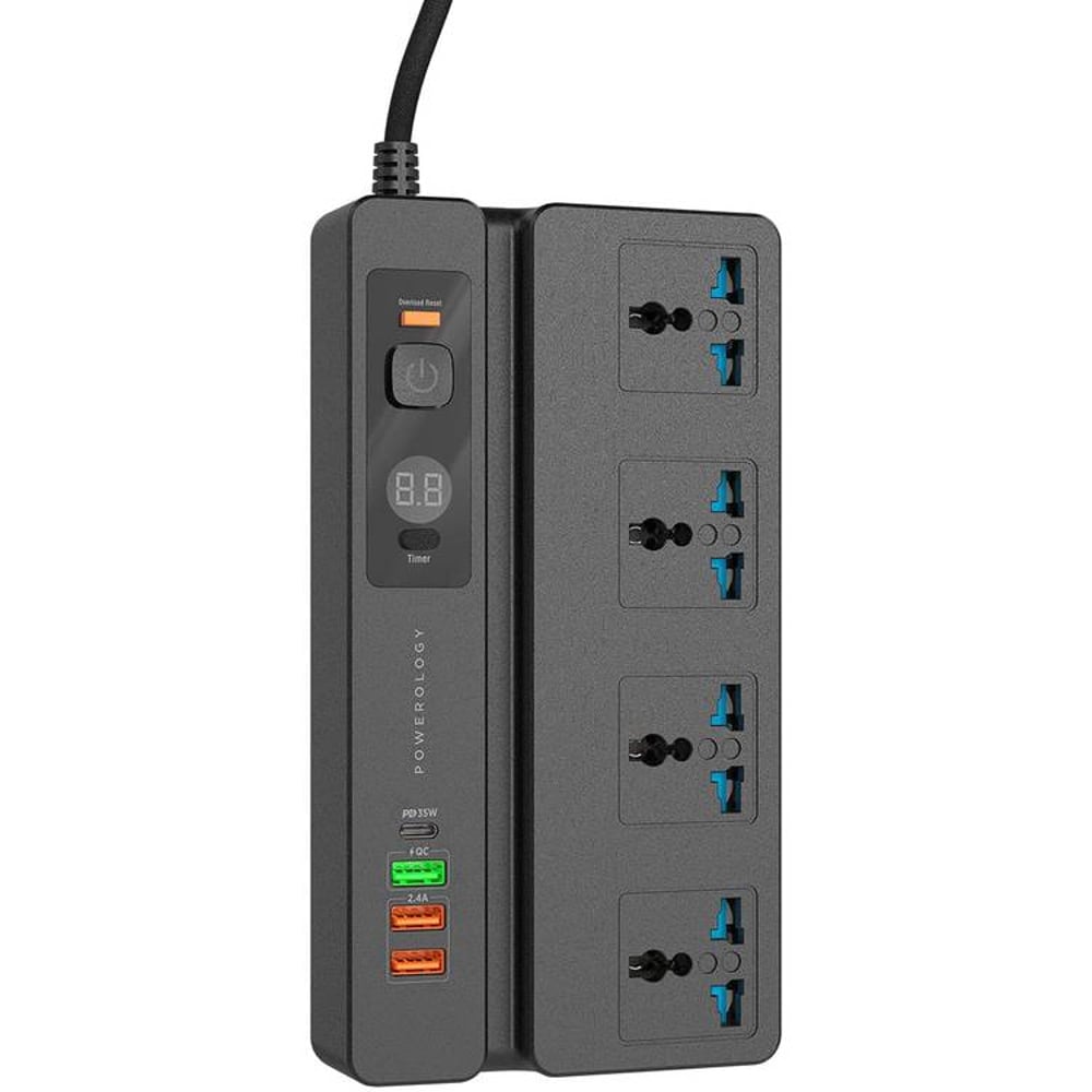 Powerology Universal Socket 4 Ac 3 Usb Ports & Usb-c Pd 35w Multiport Socket with 2m Wall Plug Adapter Extension Cord Black Powerology Universal Socket 4 Ac 3 Usb Ports & Usb-c Pd 35w Multiport Socket with 2m Wall Plug Adapter Extension Cord Black