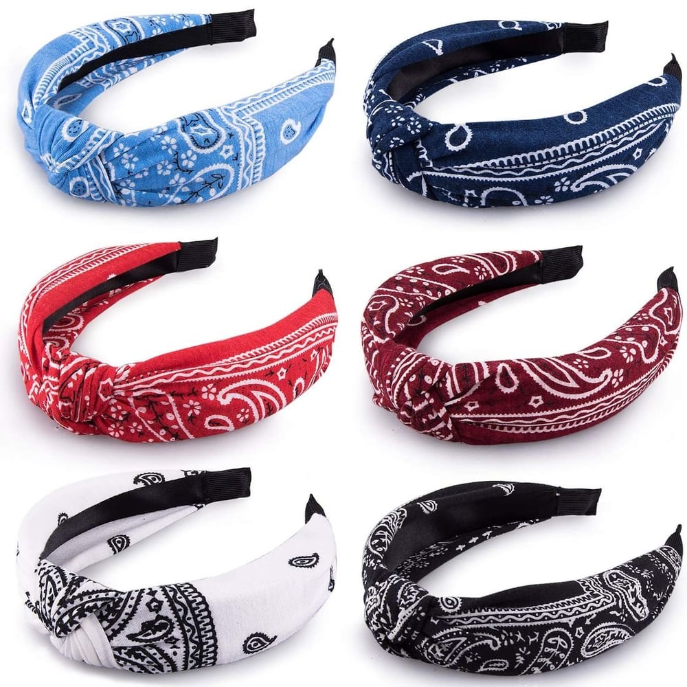 Duufin 6 Pieces Top Knot Headband Paisley Boho Headbands Vintage Cross Knotted Twisted Head Band Wide Hairband For Women And Girls