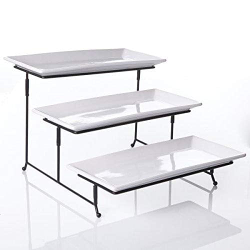 Gibson Overseas, Inc. Gracious Dining Three Tier Rectangle Plate Set Ware With Metal Stand, 1, White