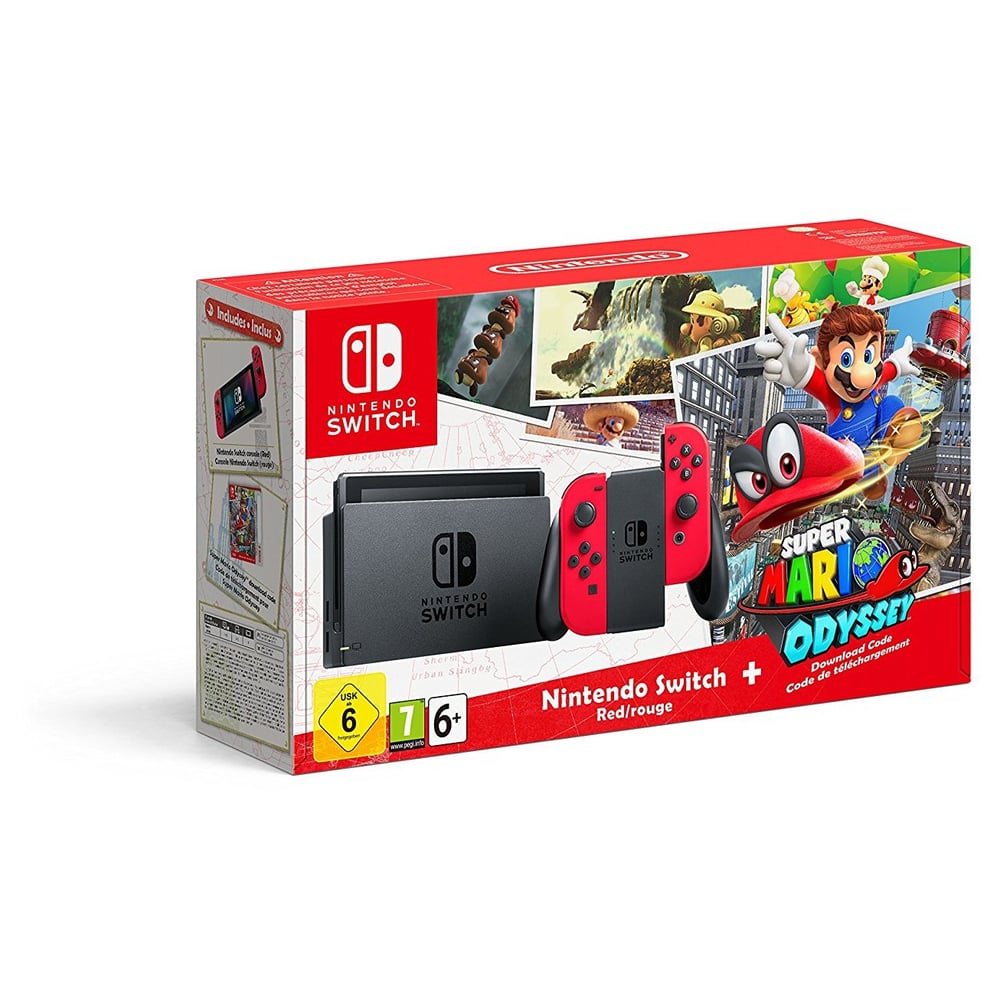 Nintendo Switch Console 32GB Red Super Mario Odyssey Game + 2 Assorted Amiibos
