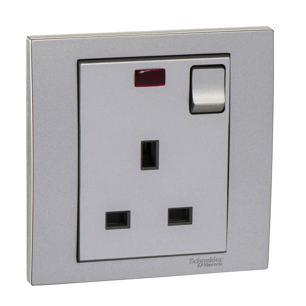 Schneider Vivace 13a Single Switched Socket With Neon, Aluminium Silver Kb15n_as Schneider Vivace 13a Single Switched Socket With Neon, Aluminium Silver Kb15n_as