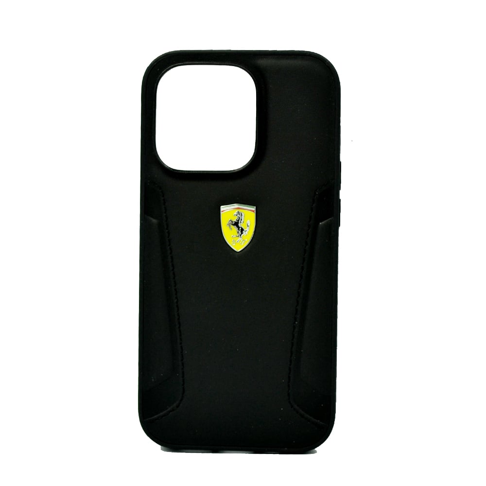 Ferrari Leather Case With Hot Stamped Sides Yellow Shield Logo For Iphone 14 Pro Black