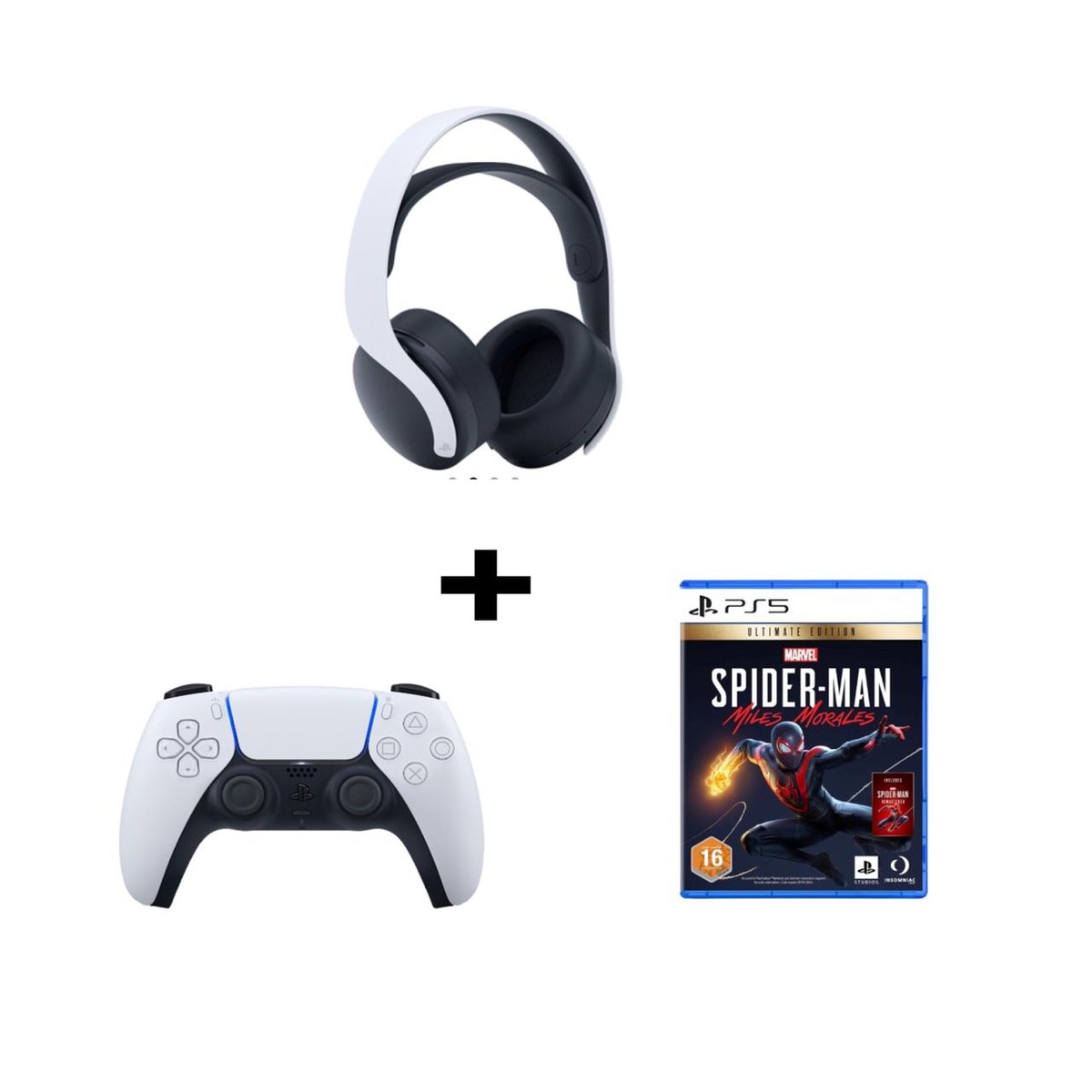 Sony PlayStation Pulse 3D Wireless Headset for PS5, White+ DualSense Wireless Controller+ Spider-Man: Miles Morales – Ultimate Edition (PS5)
