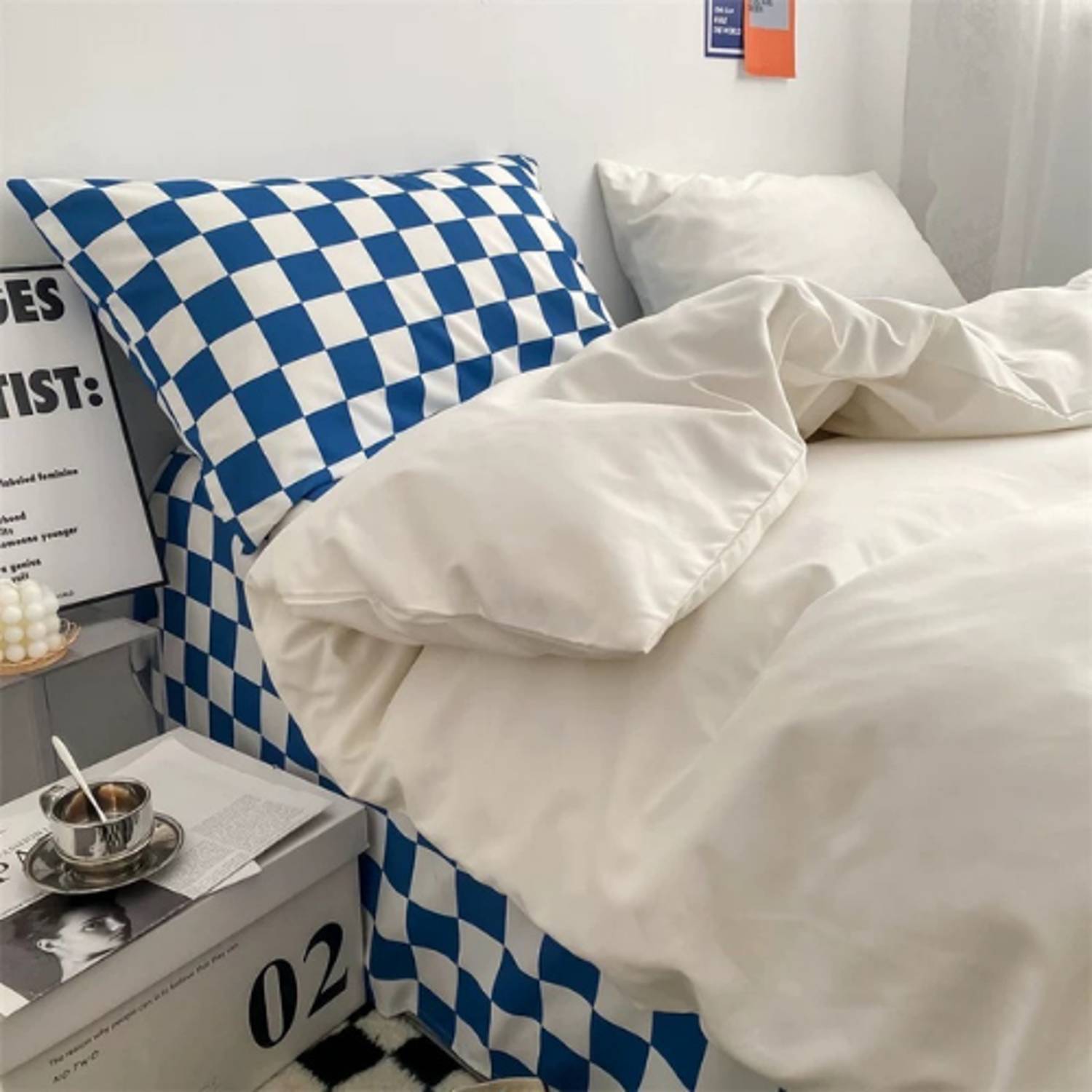 Luna Home Single Size 4 Pieces Bedding Set Without Filler, Off White Color And Blue Checkered Design Luna Home Single Size 4 Pieces Bedding Set Without Filler, Off White Color And Blue Checkered Design