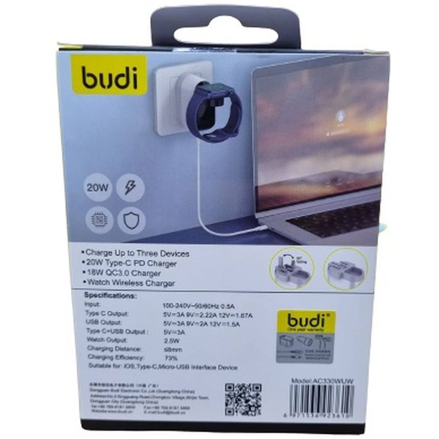 Budi USB-C Wall Charger With Smart Watch Charger White Budi USB-C Wall Charger With Smart Watch Charger White