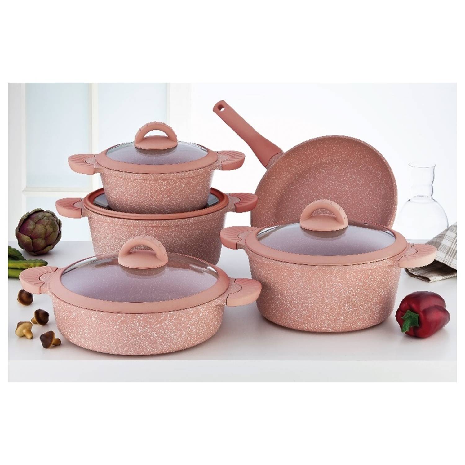 Penguen Grand 9pcs Granite Cookware Set Pink Penguen Grand 9pcs Granite Cookware Set Pink
