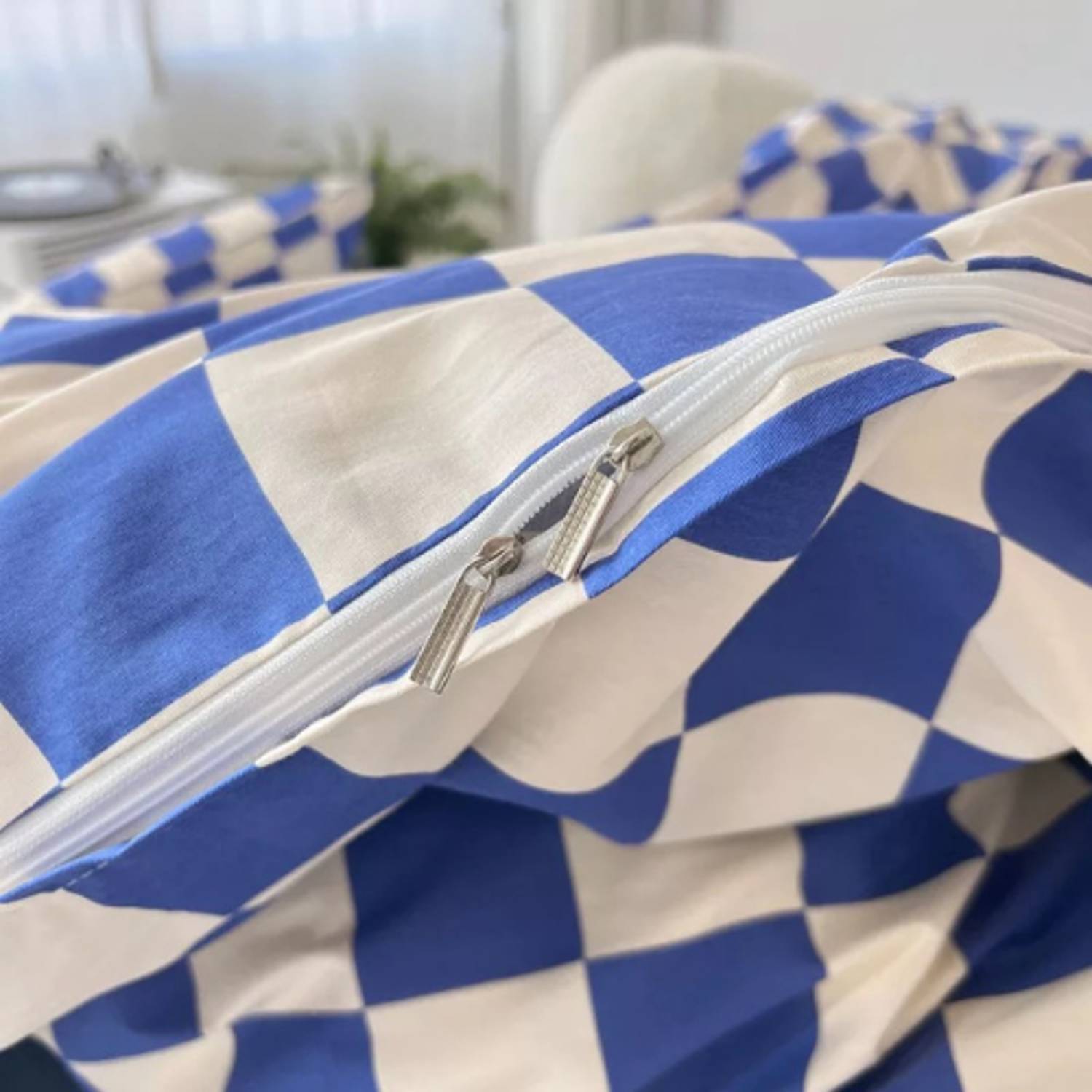 Luna Home Single Size 4 Pieces Bedding Set Without Filler, Blue And White Checkered Design Luna Home Single Size 4 Pieces Bedding Set Without Filler, Blue And White Checkered Design
