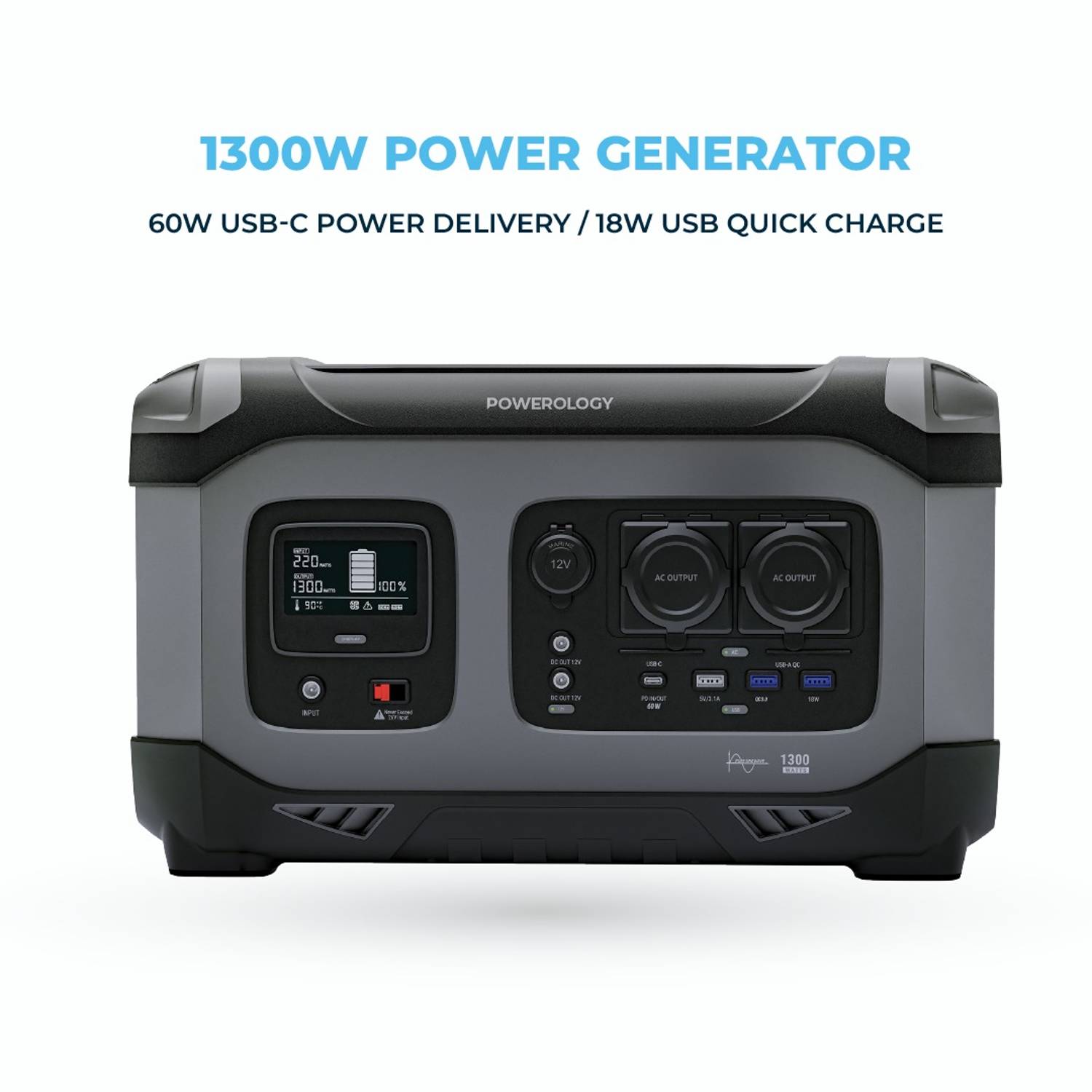 Powerology 392000mAh Power Generator 1300W 60W USB-C Power Delivery 18W USB Quick Charge - Black Powerology 392000mAh Power Generator 1300W 60W USB-C Power Delivery 18W USB Quick Charge - Black
