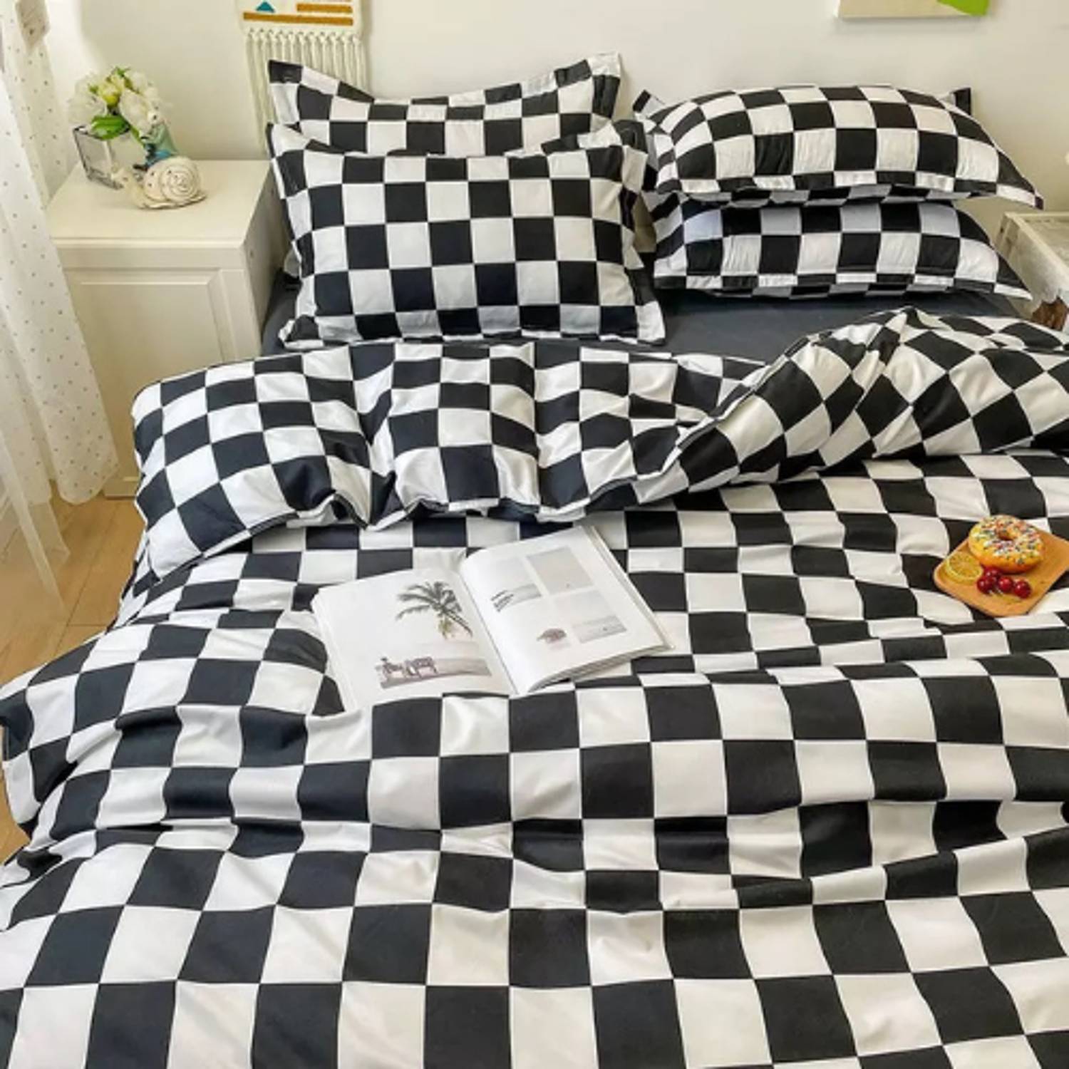 Luna Home King Size 6 Pieces Bedding Set Without Filler, Black And White Checkered Design Luna Home King Size 6 Pieces Bedding Set Without Filler, Black And White Checkered Design