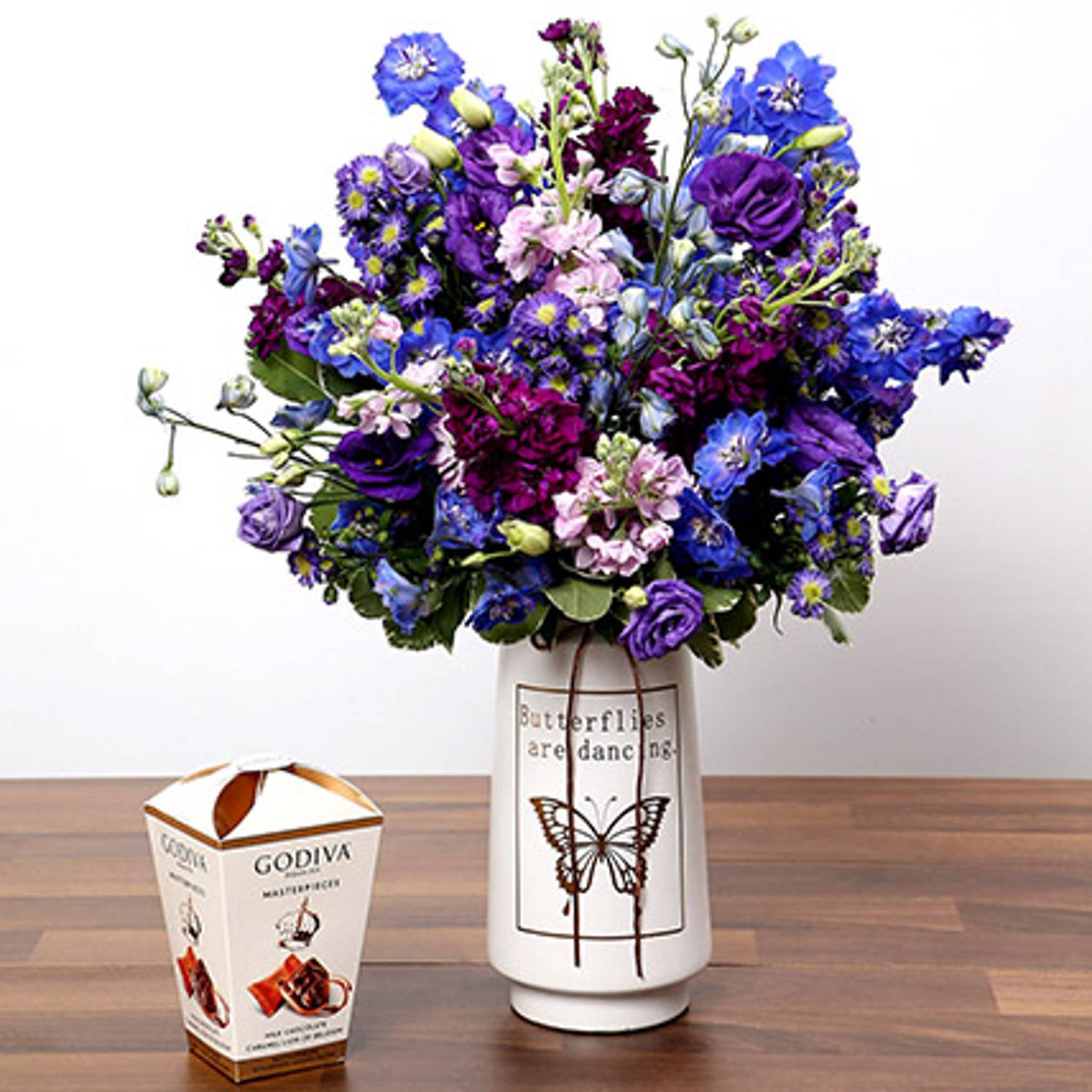 Purple & Blue Flower Arrangement With Truffles Purple & Blue Flower Arrangement With Truffles