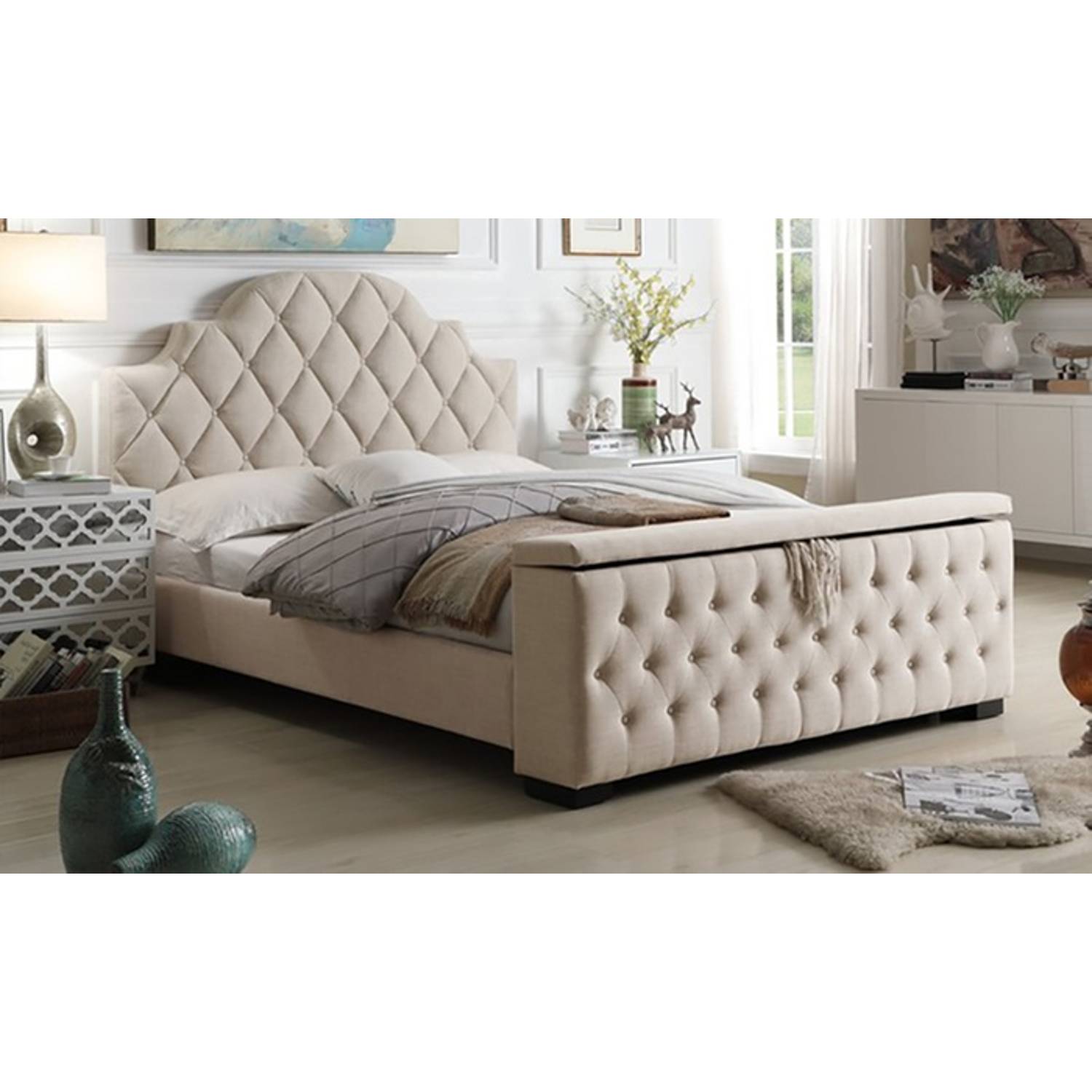 Footboard Storage Bed Super King with Mattress Beige Footboard Storage Bed Super King with Mattress Beige