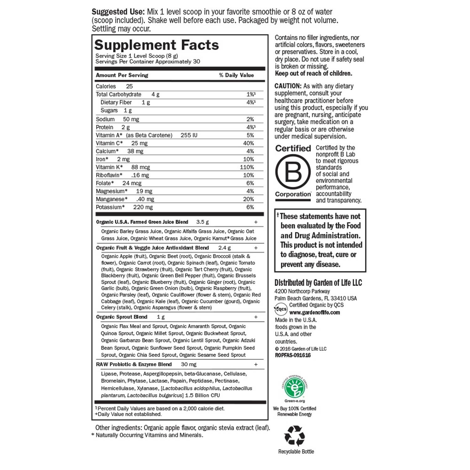 Garden Of Life Raw Organic Perfect Food Green Superfood Powder Apple 231g Garden Of Life Raw Organic Perfect Food Green Superfood Powder Apple 231g