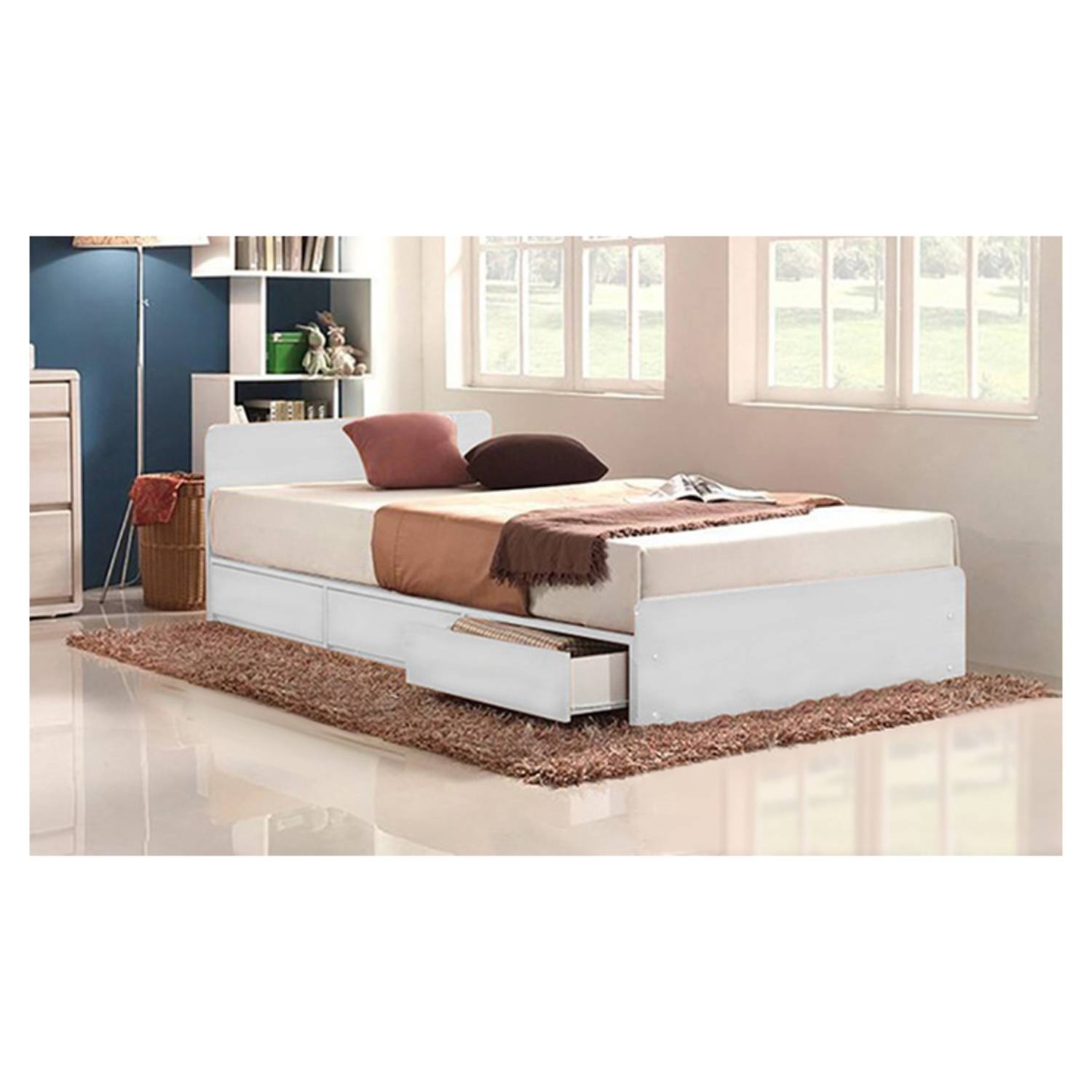 Three-Drawer Storage Single Bed With Mattress White Three-Drawer Storage Single Bed With Mattress White