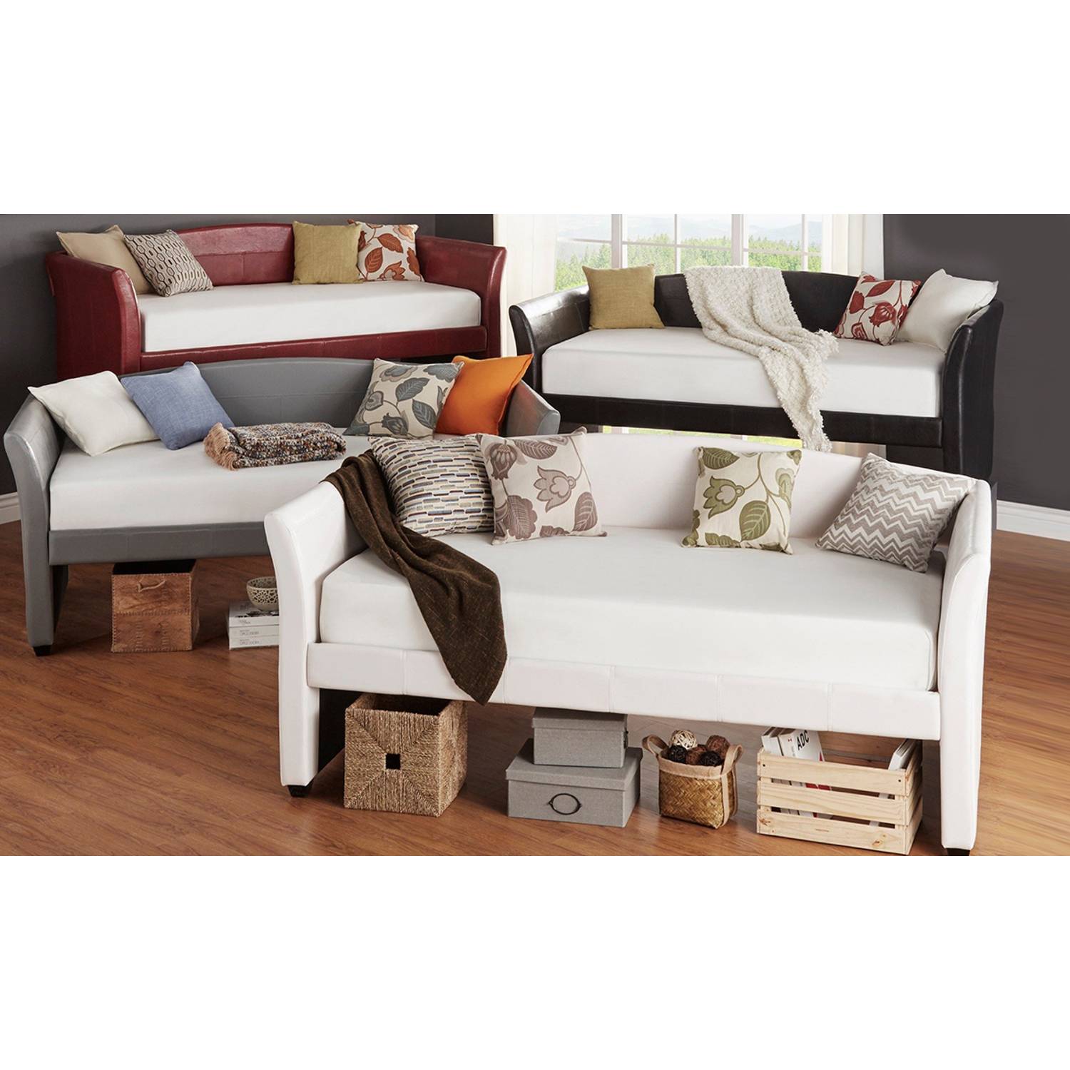 Deco Faux Leather DayBed and Trundle DayBed with trundle White Deco Faux Leather DayBed and Trundle DayBed with trundle White