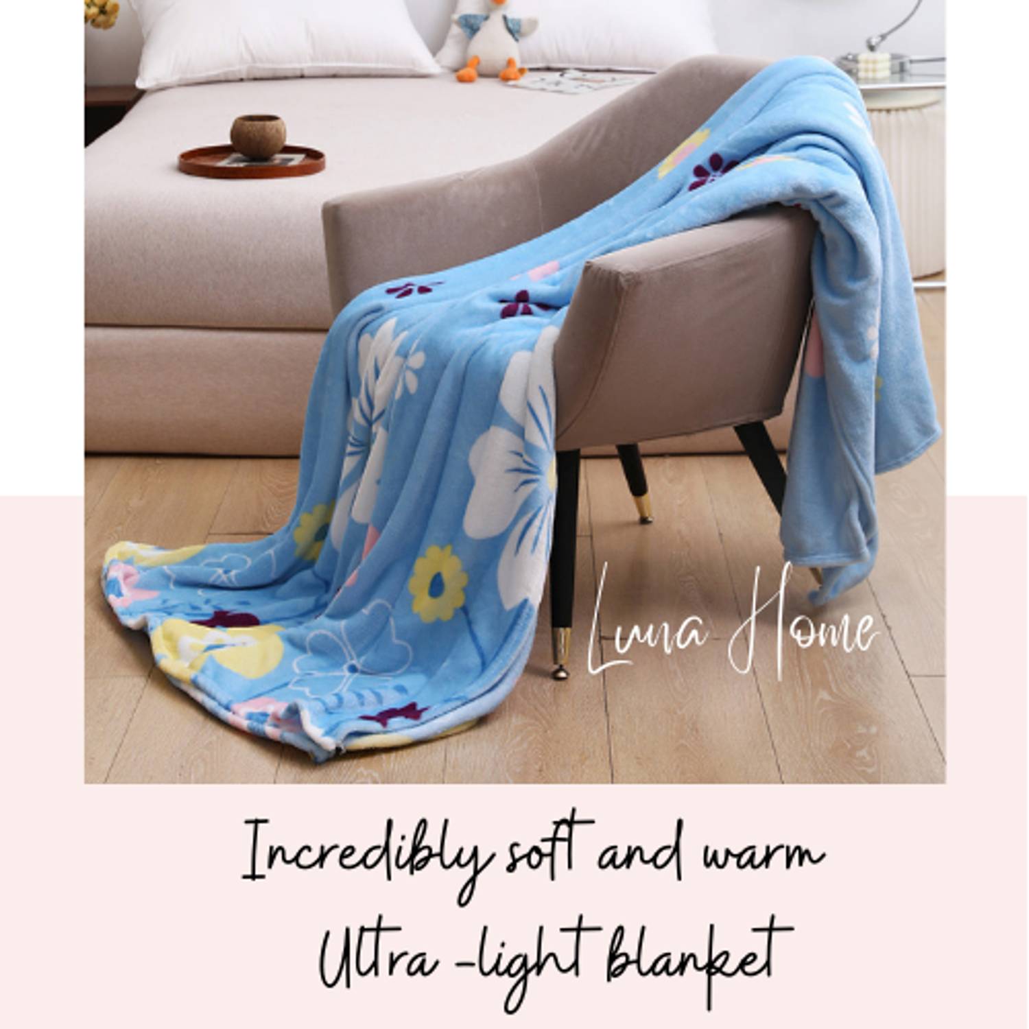 LUNA HOME Fleece Blanket 200*230cm Super Soft Throw Sky Blue Color with Floral Design. LUNA HOME Fleece Blanket 200*230cm Super Soft Throw Sky Blue Color with Floral Design.