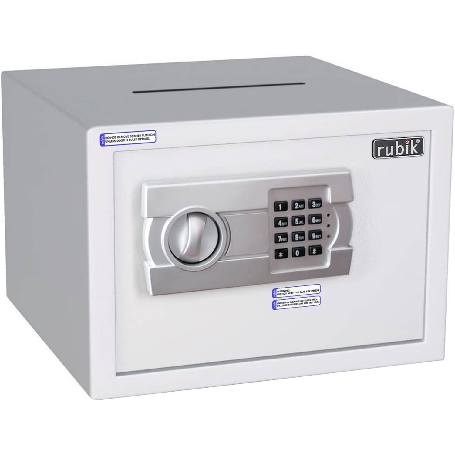 Rubik Drop Slot Safe Box with Digital Keypad and Key Lock A4 Document Size for Cash Deposit on Top Home Office (25x35x25cm) White Rubik Drop Slot Safe Box with Digital Keypad and Key Lock A4 Document Size for Cash Deposit on Top Home Office (25x35x25cm) White