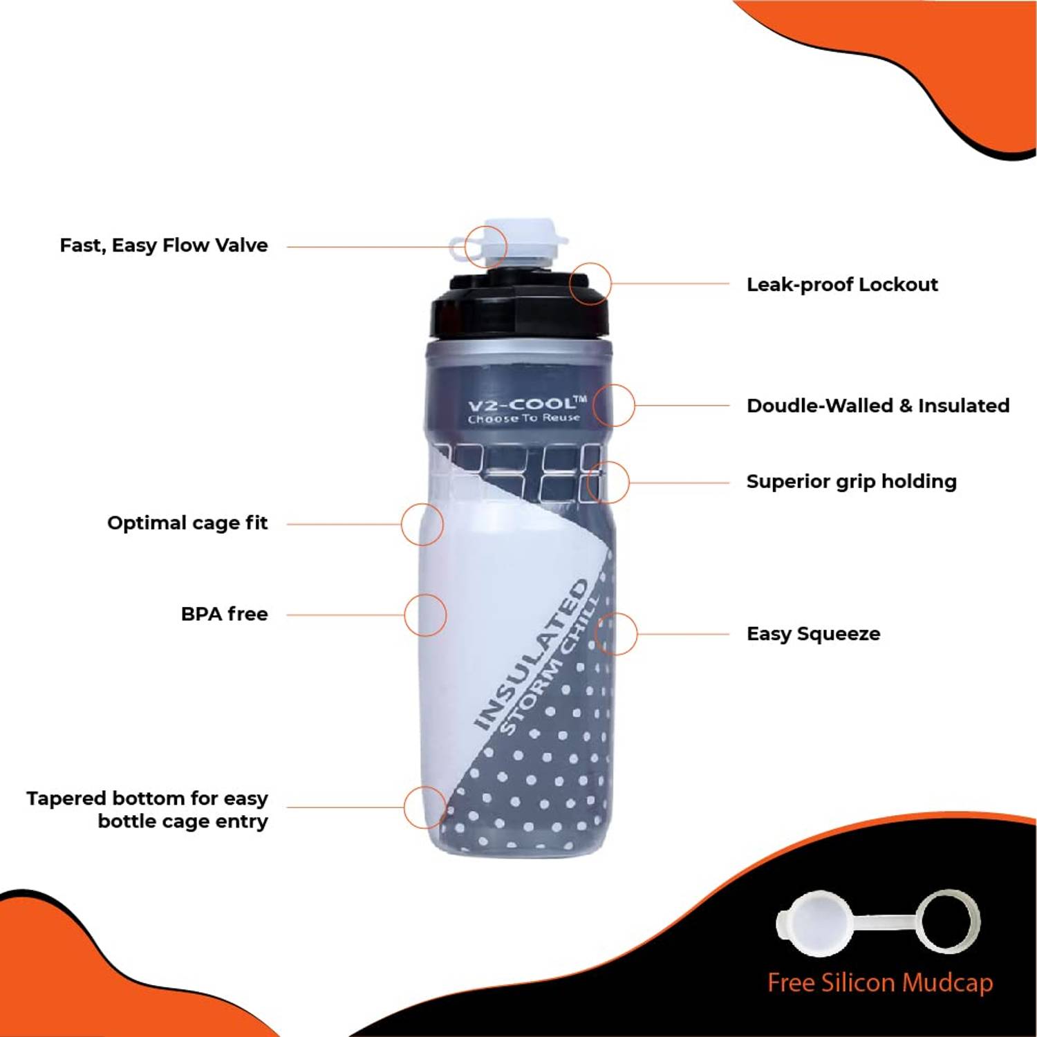 V2-cool Storm Insulated Water Bottle For Cycle Cage Fit With Free Silicon Mudcap 620 Ml/21 Oz, Black V2-cool Storm Insulated Water Bottle For Cycle Cage Fit With Free Silicon Mudcap 620 Ml/21 Oz, Black
