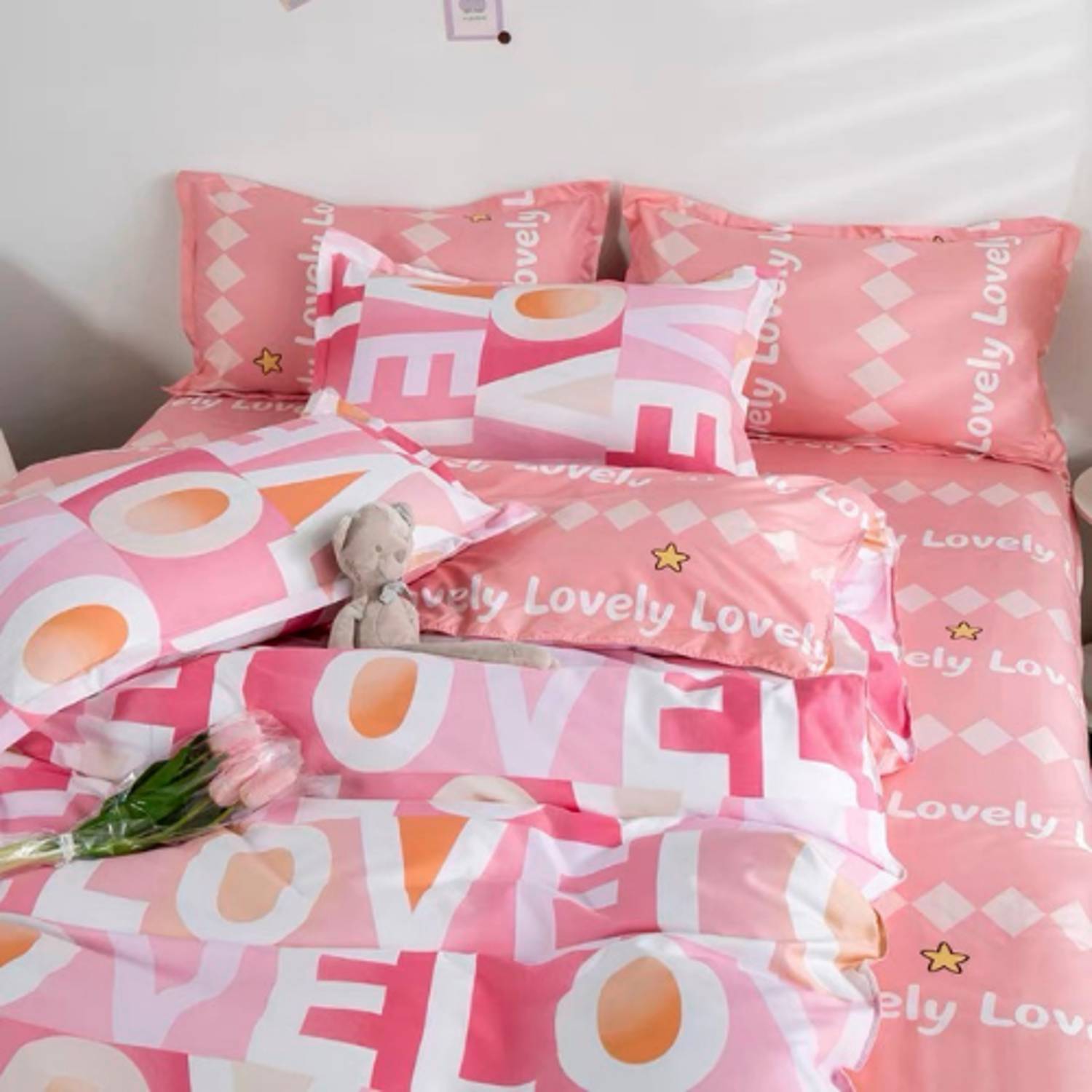 Luna Home Queen/double Size 6 Pieces Bedding Set Without Filler ,pink Love Design Luna Home Queen/double Size 6 Pieces Bedding Set Without Filler ,pink Love Design
