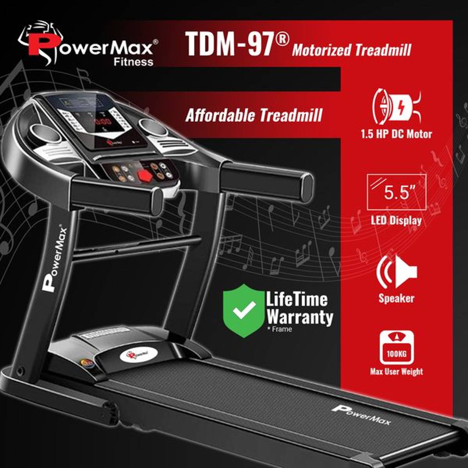 PowerMax 1.5HP Light Weight, Foldable Fitness Treadmill for home TDM-97 PowerMax 1.5HP Light Weight, Foldable Fitness Treadmill for home TDM-97