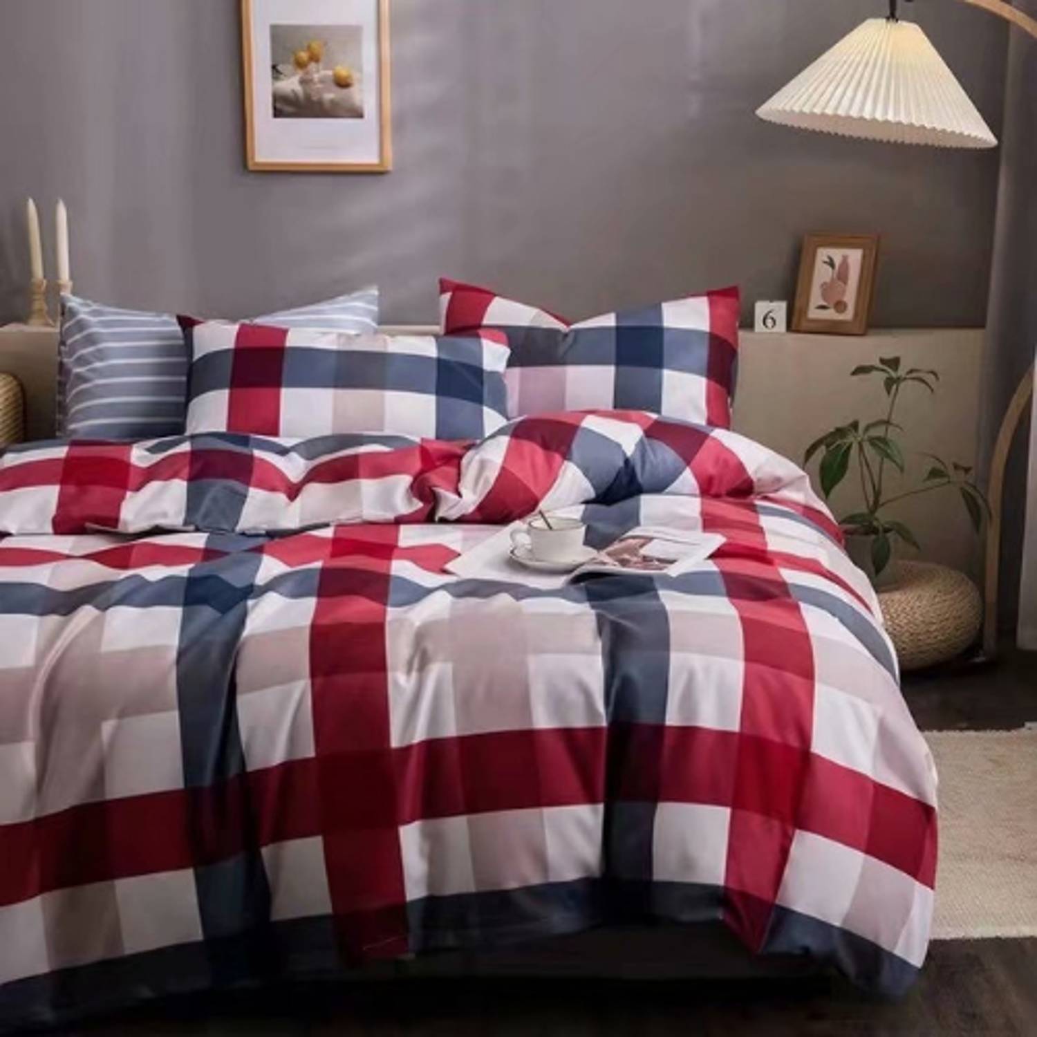 Luna Home Queen/double Size 6 Pieces Bedding Set Without Filler, Red And Blue Color Checkered Design Luna Home Queen/double Size 6 Pieces Bedding Set Without Filler, Red And Blue Color Checkered Design