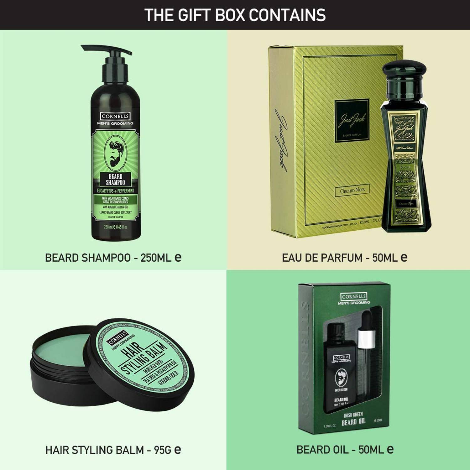 Cornells Mens Grooming Combo Kit - Eucalyptus+Peppermint Beard Shampoo 250ml, Hair Styling Balm 95g, Irish Green Beard Oil 50ml, Just Jack Orchid Noir Mens Perfume EDP 50ml, Gift Set for Him Cornells Mens Grooming Combo Kit - Eucalyptus+Peppermint Beard Shampoo 250ml, Hair Styling Balm 95g, Irish Green Beard Oil 50ml, Just Jack Orchid Noir Mens Perfume EDP 50ml, Gift Set for Him